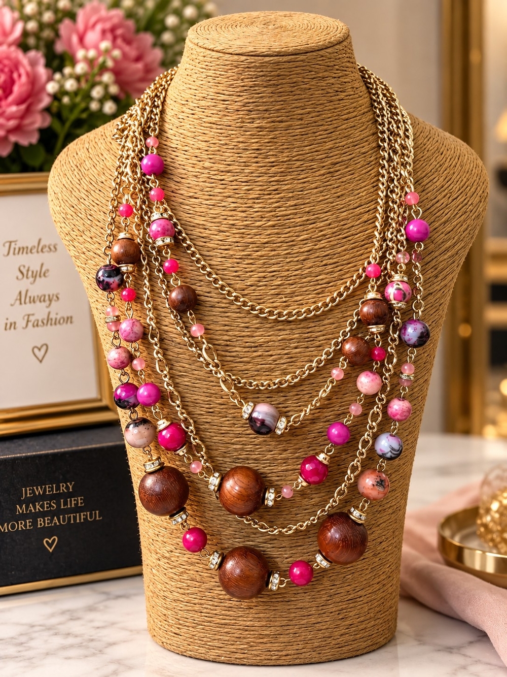 Multi-Strand Pink and Wood Bead Statement Necklace - Women Jewelry